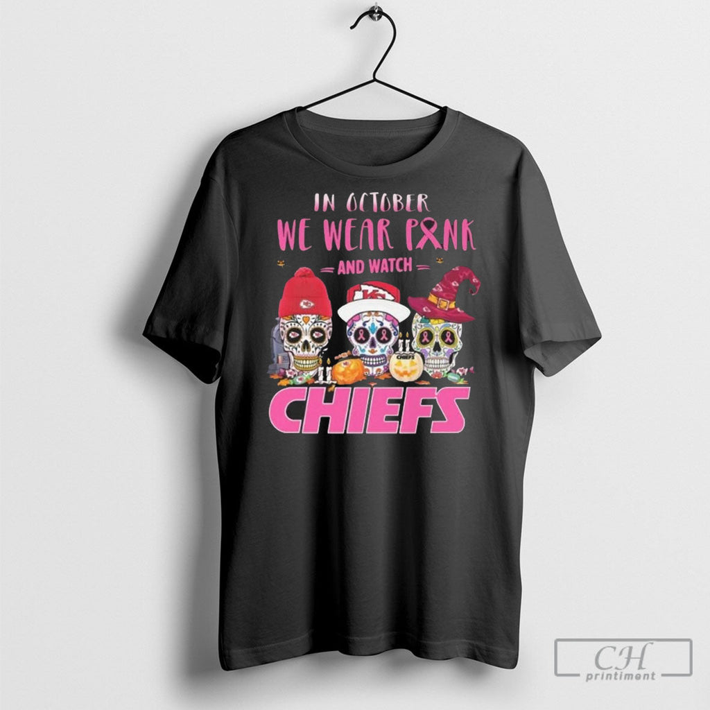 Kansas City Chiefs Sugar Skull In October We Wear Pink And Watch Halloween 2025 Unisex T-shirt, Sweatshirt, Hoodie, Long Sleeve Tee - T-Shirt, Sweatshirt, Hoodie
