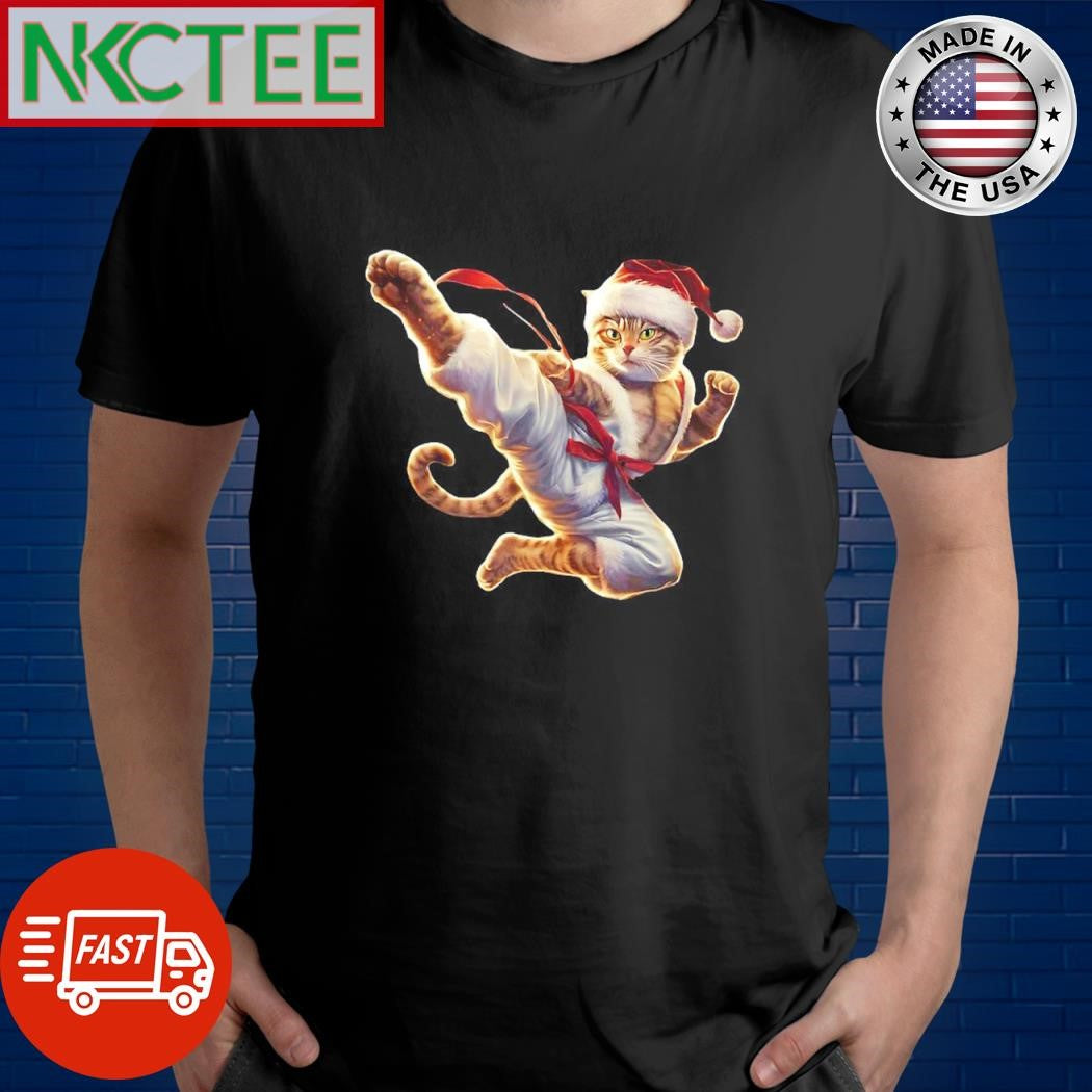 Karate Kicking Santa Cat shirt Unisex T-shirt, Sweatshirt, Hoodie, Long Sleeve Tee - T-Shirt, Sweatshirt, Hoodie