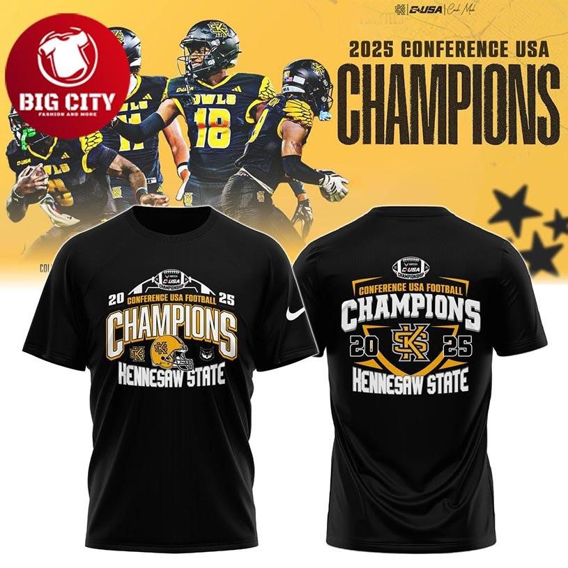 Kennesaw State Owls 2025 Conference USA Champions 2025 Football Two Sided Shirt Unisex T-shirt, Sweatshirt, Hoodie, Long Sleeve Tee - T-Shirt, Sweatshirt, Hoodie