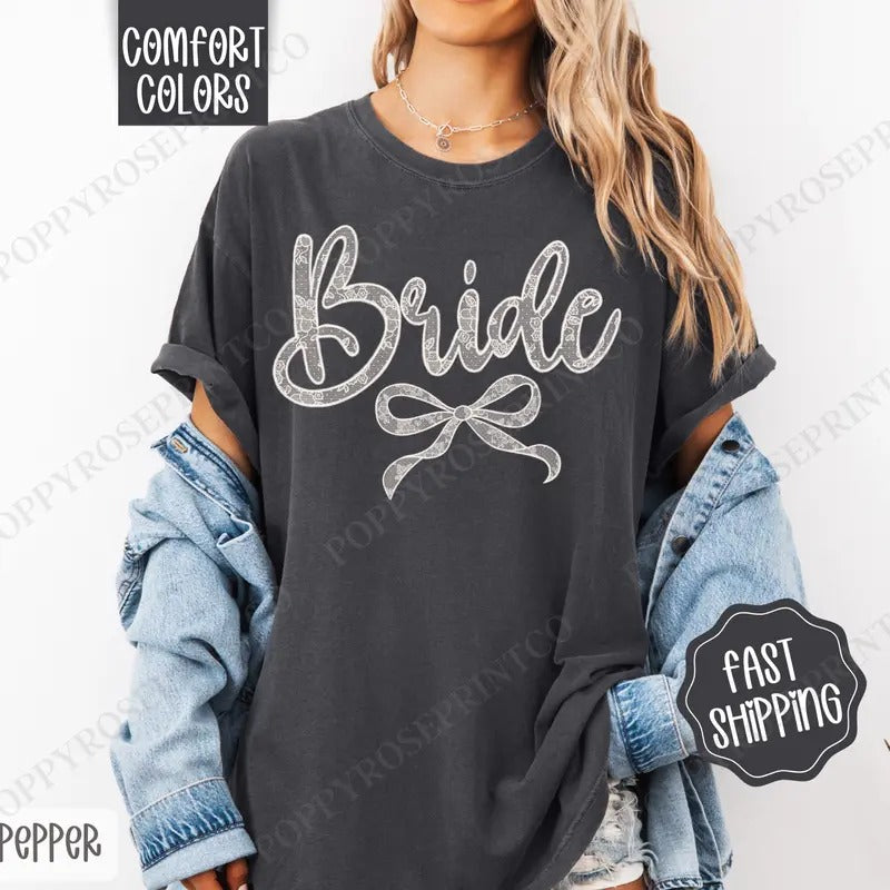 Lace Bride Shirt Comfort Colors Bridal Coquette Lace Bow Cute T-Shirts, Hoodie, Sweatshirt - T-Shirt, Sweatshirt, Hoodie