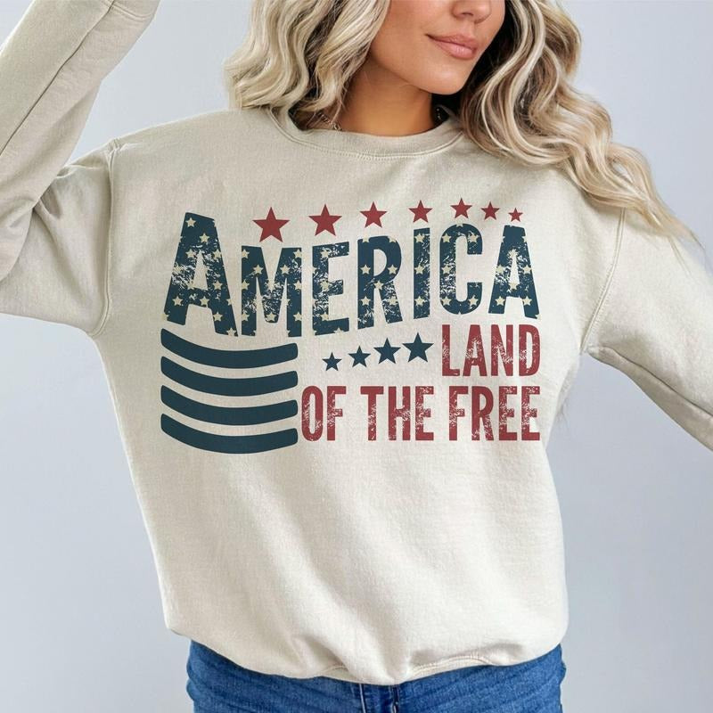Land Free Retro America 4th July USA Flag Shirt Independence Day Patriotic Top 100% Cotton T-Shirts, Hoodie, Sweatshirt - T-Shirt, Sweatshirt, Hoodie