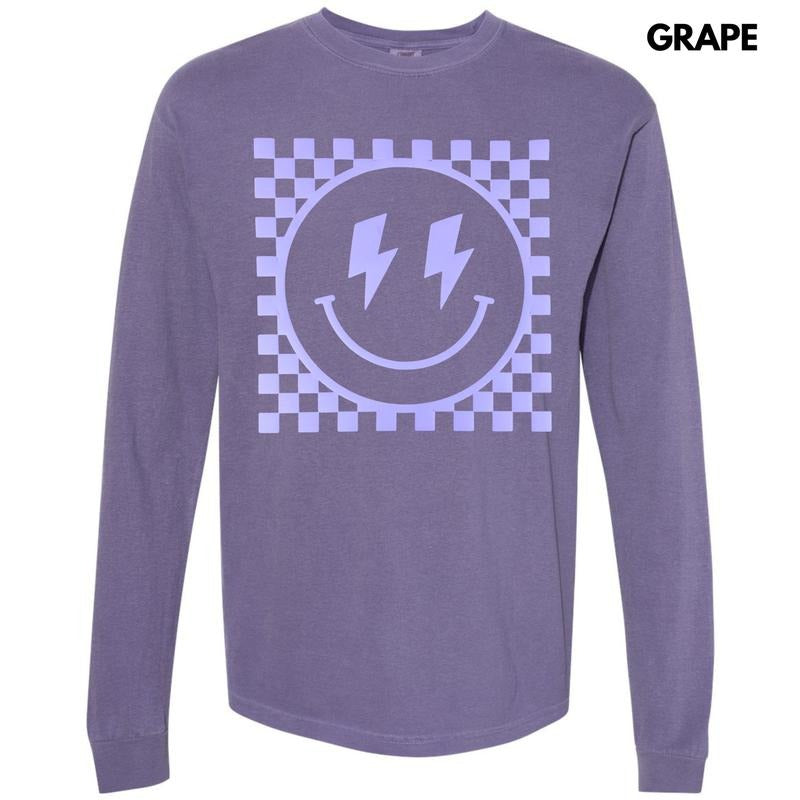Lavender Checkered Happy Face Puff Long Sleeve Comfort Colors T-Shirts, Hoodie, Sweatshirt - T-Shirt, Sweatshirt, Hoodie