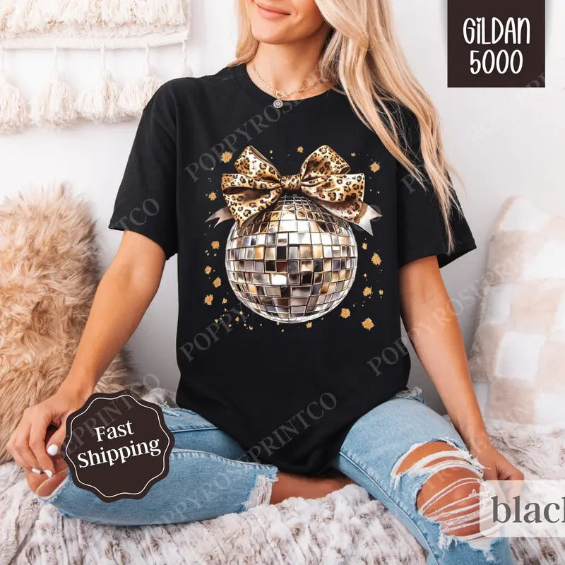 Leopard Disco Bow Shirt Gildan New Year'S 2025 NYE Plus Sizes T-Shirts, Hoodie, Sweatshirt - T-Shirt, Sweatshirt, Hoodie