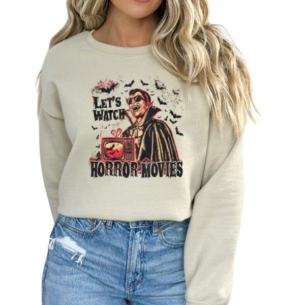 Let'S Watch Horror Movies Chill Halloween Comfortable Halloween Sweather Long Sleeve Spooky Season Sizing Machine Washable Nostalgic Fall T-Shirts, Hoodie, Sweatshirt - T-Shirt, Sweatshirt, Hoodie