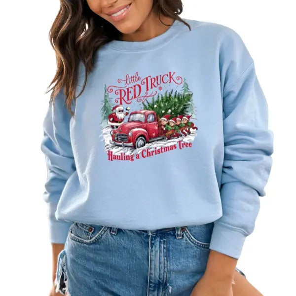 Little Red Truck Hauling Trees Festive Santa & Elves Cozy Vintage Charm T-Shirts, Hoodie, Sweatshirt - T-Shirt, Sweatshirt, Hoodie