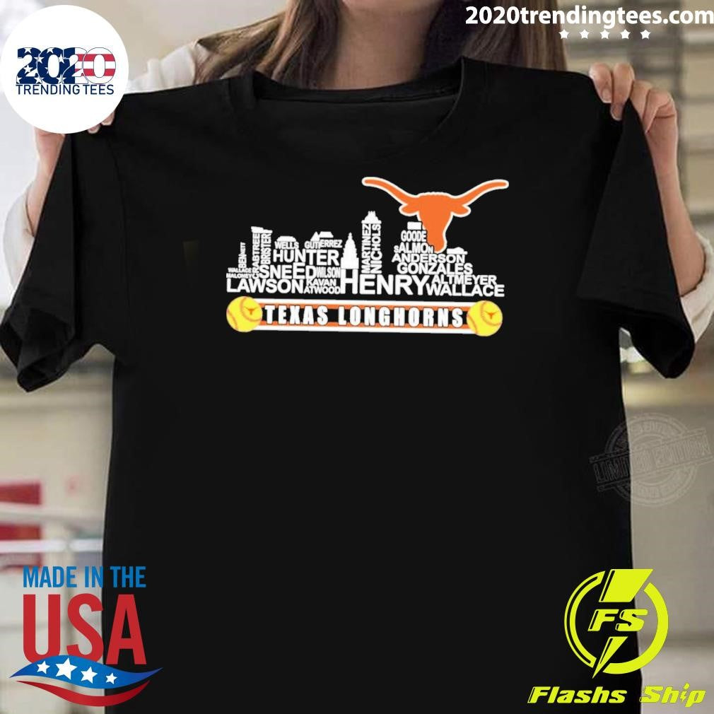 Longhorns Softball Player Name City Skyline Shirt Unisex T-shirt, Sweatshirt, Hoodie, Long Sleeve Tee - T-Shirt, Sweatshirt, Hoodie