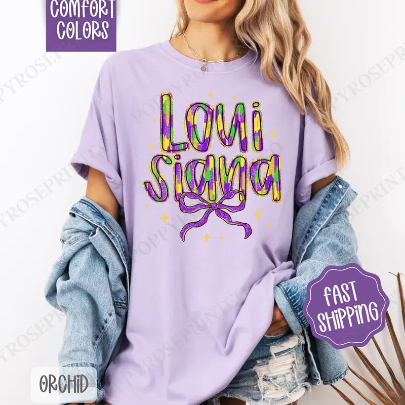 Louisiana Bow Comfort Colors Coquette Mardi Gras Bow T-Shirts, Hoodie, Sweatshirt - T-Shirt, Sweatshirt, Hoodie