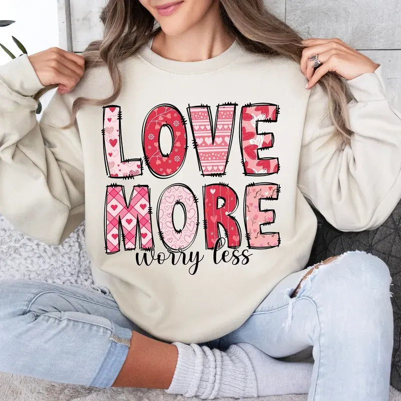 Love More Retro Worry Less Groovy V Day Valentine'S Cotton T-Shirts, Hoodie, Sweatshirt - T-Shirt, Sweatshirt, Hoodie