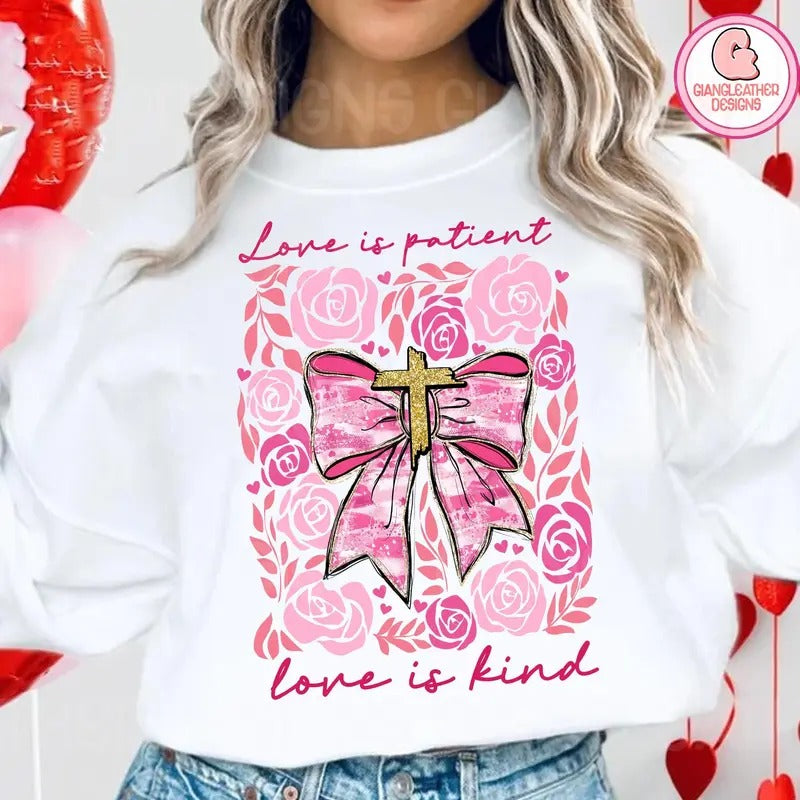 Love Is Patient Bible Verse Valentine Love Is Kind Pink Brushstroke Coquette Pink Valentine Boho Rose Valentine T-Shirts, Hoodie, Sweatshirt - T-Shirt, Sweatshirt, Hoodie