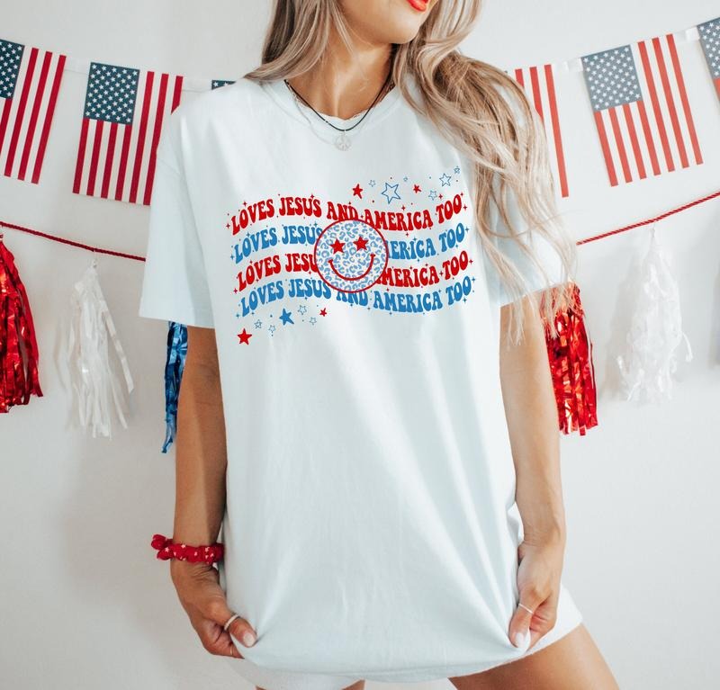 Loves Jesus America Too Shirt 4th July Shirt Jesus 4th July Shirt Smile Face Shirt Independence Day Shirt Patriotic Shirt USA Shirt Red White Blue Shirt America Flag Shirt T-Shirts, Hoodie, Sweatshirt - T-Shirt, Sweatshirt, Hoodie