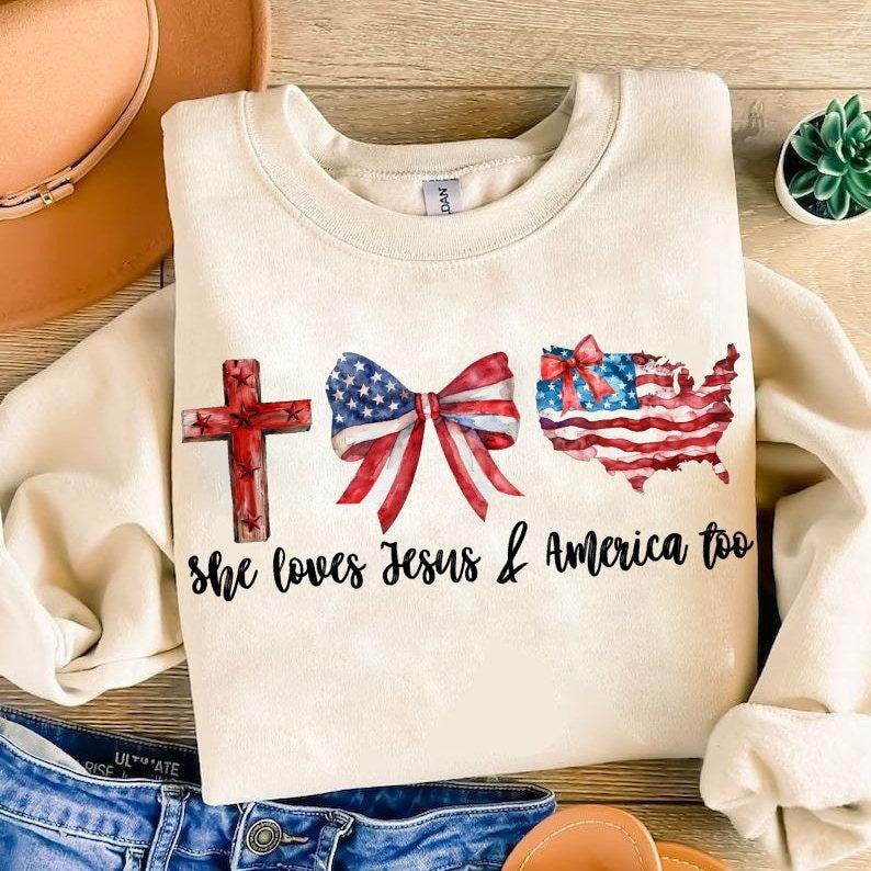 Loves Jesus America Too Coquette American Flag Independence Day Christian Cross Freedom Red White Blue T-Shirts, Hoodie, Sweatshirt - T-Shirt, Sweatshirt, Hoodie