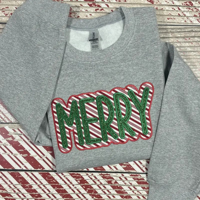 MERRY Candy Cane Glitter Embroidered T-Shirts, Hoodie, Sweatshirt - T-Shirt, Sweatshirt, Hoodie