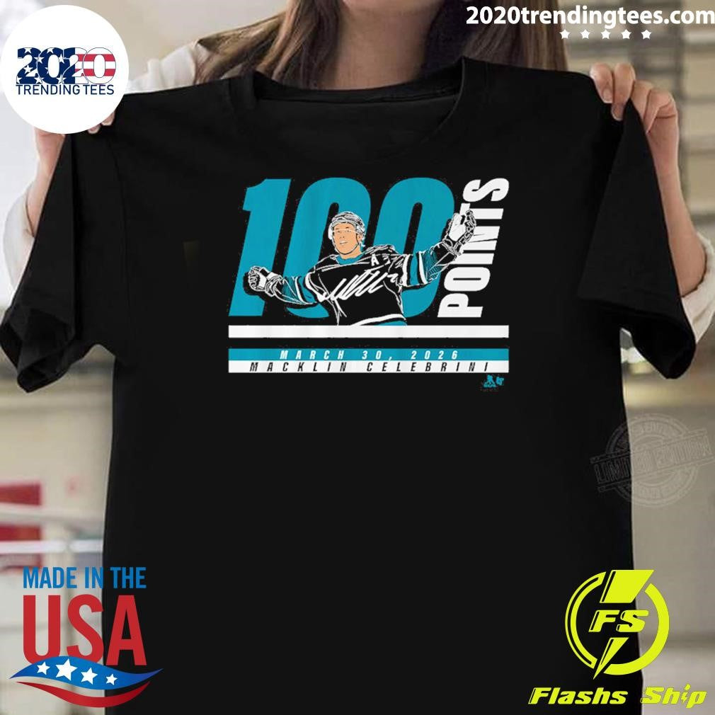 Macklin Celebrini 100 Points March 30, 2026 Shirt Unisex T-shirt, Sweatshirt, Hoodie, Long Sleeve Tee - T-Shirt, Sweatshirt, Hoodie
