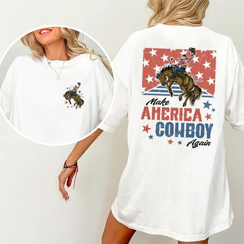 Make America Cowboy Again Shirt Retro Cowboy Shirt Cowgirl Funny Western America 4th July Vintage Cowgirl Top Independence Day USA Shirt Patriotic USA Tops Cotton Fabric Relaxed Fit Chic T-Shirts, Hoodie, Sweatshirt - T-Shirt, Sweatshirt, Hoodie