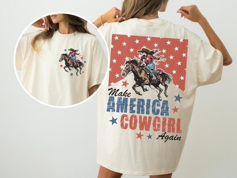 Make America Cowgirl Again Shirt Bucking Bronco July 4th America Shirt Patriotic Shirt Cowgirl Shirt Western 2 Side T-Shirts, Hoodie, Sweatshirt - T-Shirt, Sweatshirt, Hoodie
