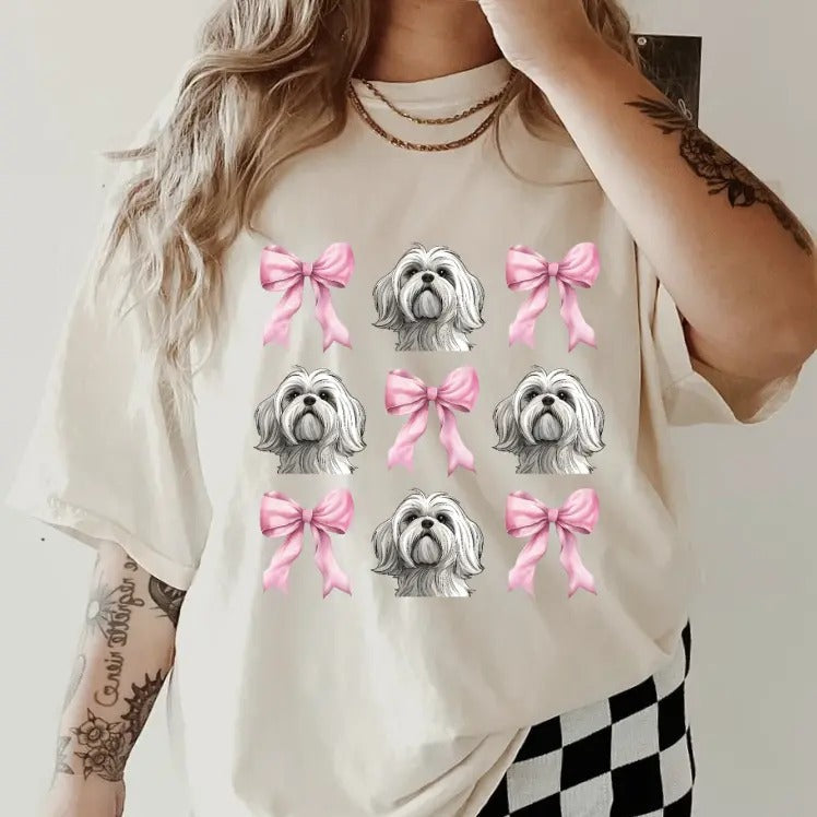 Maltese Bows Shirt~ Relaxed Fit Printed USA Womenswear Casual Comfort Cotton Top Athletic Boho Chic T-Shirts, Hoodie, Sweatshirt - T-Shirt, Sweatshirt, Hoodie