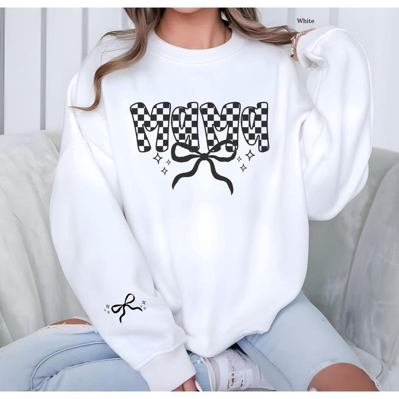 Mama Checkered Black Bow Coquette Mama Sleeve Print Top Cute Cozy Mama Mama T-Shirts, Hoodie, Sweatshirt - T-Shirt, Sweatshirt, Hoodie