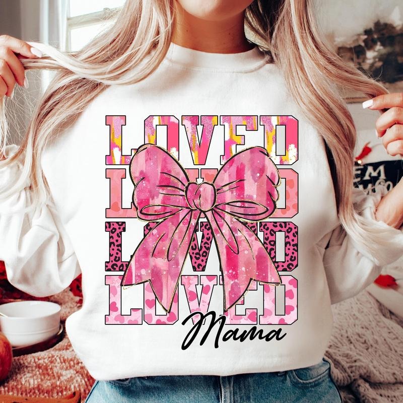 Mama Valentine Loved Mama Heart Coquette Bow Pink Brushstroke Valentine Retro Valentine Glitter T-Shirts, Hoodie, Sweatshirt - T-Shirt, Sweatshirt, Hoodie