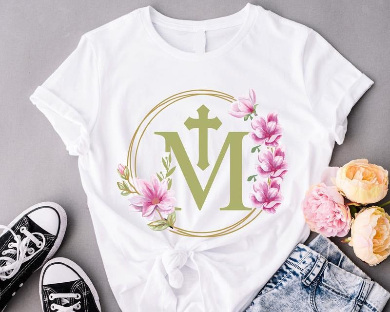 Marian Catholic Shirt Floral Religious M & Faith Cross Christian Shirt Woman Catholic Shirt Assumption Mary Shirt T-Shirts, Hoodie, Sweatshirt - T-Shirt, Sweatshirt, Hoodie