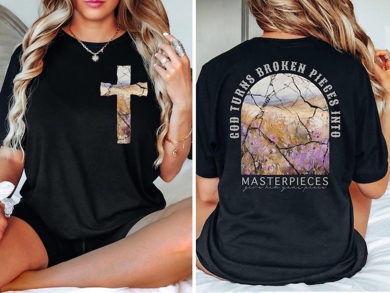 Masterpieces Christian Black Cotton & Polyester Religious Shirt "God Turns Broken Pieces Masterpieces" T-Shirts, Hoodie, Sweatshirt - T-Shirt, Sweatshirt, Hoodie