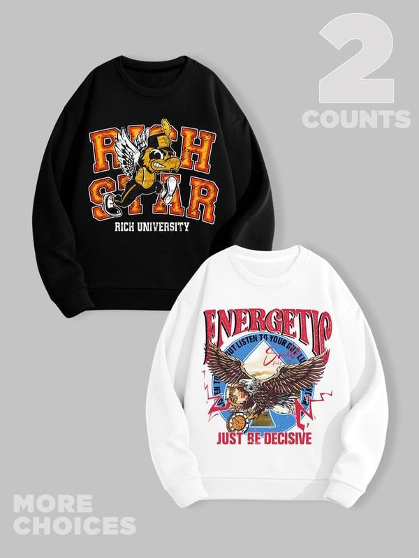 Animal & Letter Print Drop Shoulder Regular Fit Casual Soft Comfy Long Sleeve Round Neck Fall & Winter Clothes Daily T-Shirts, Hoodie, Sweatshirt - T-Shirt, Sweatshirt, Hoodie