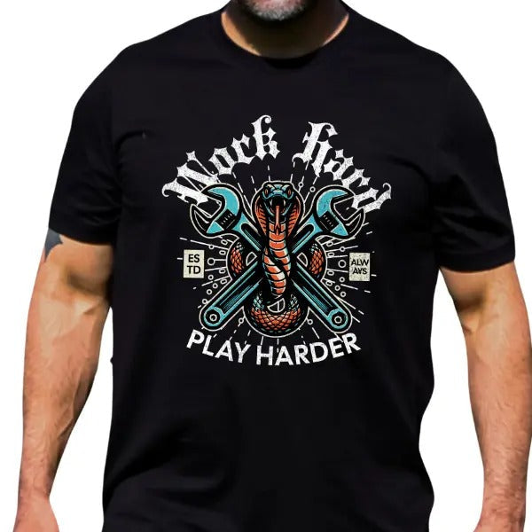 Black 'Work Harder Play Harder' Cobra & Crossed Wrenches Grunge & Dark Edgy Bold Rugged Sizes Up 5XL Maximum Comfort Hardworking & Hardplaying Attitude T-Shirts, Hoodie, Sweatshirt - T-Shirt, Sweatshirt, Hoodie