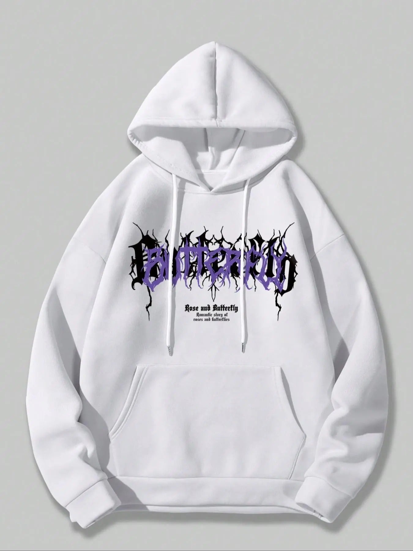 Butterfly & Letter Print Drop Shoulder Thermal Lined Casual Regular Fit Drawstring Pocket Hooded Daily Outdoor Clothes Fall & Winter T-Shirts, Hoodie, Sweatshirt - T-Shirt, Sweatshirt, Hoodie