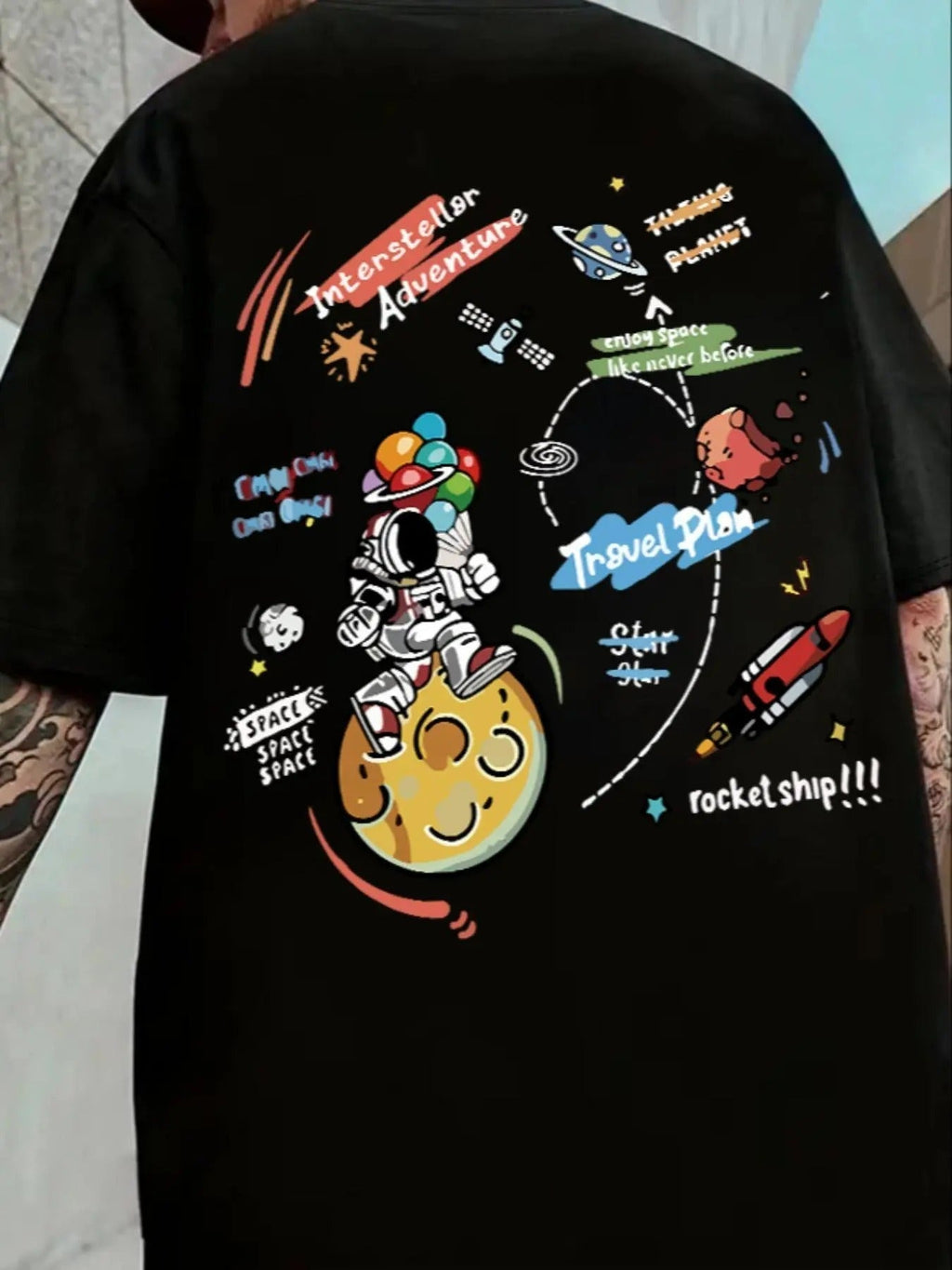 Cartoon Astronaut & Letter Print Drop Shoulder Regular Fit Casual Short Sleeve Round Neck Summer Top Daily T-Shirts, Hoodie, Sweatshirt - T-Shirt, Sweatshirt, Hoodie