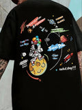 Cartoon Astronaut & Letter Print Drop Shoulder Regular Fit Casual Short Sleeve Round Neck Summer Top Daily T-Shirts, Hoodie, Sweatshirt - T-Shirt, Sweatshirt, Hoodie