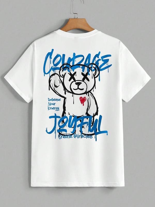 Cartoon Bear Print Round Neck Regular Fit Casual Short Sleeve Summer Top Daily Tropical T-Shirts, Hoodie, Sweatshirt - T-Shirt, Sweatshirt, Hoodie