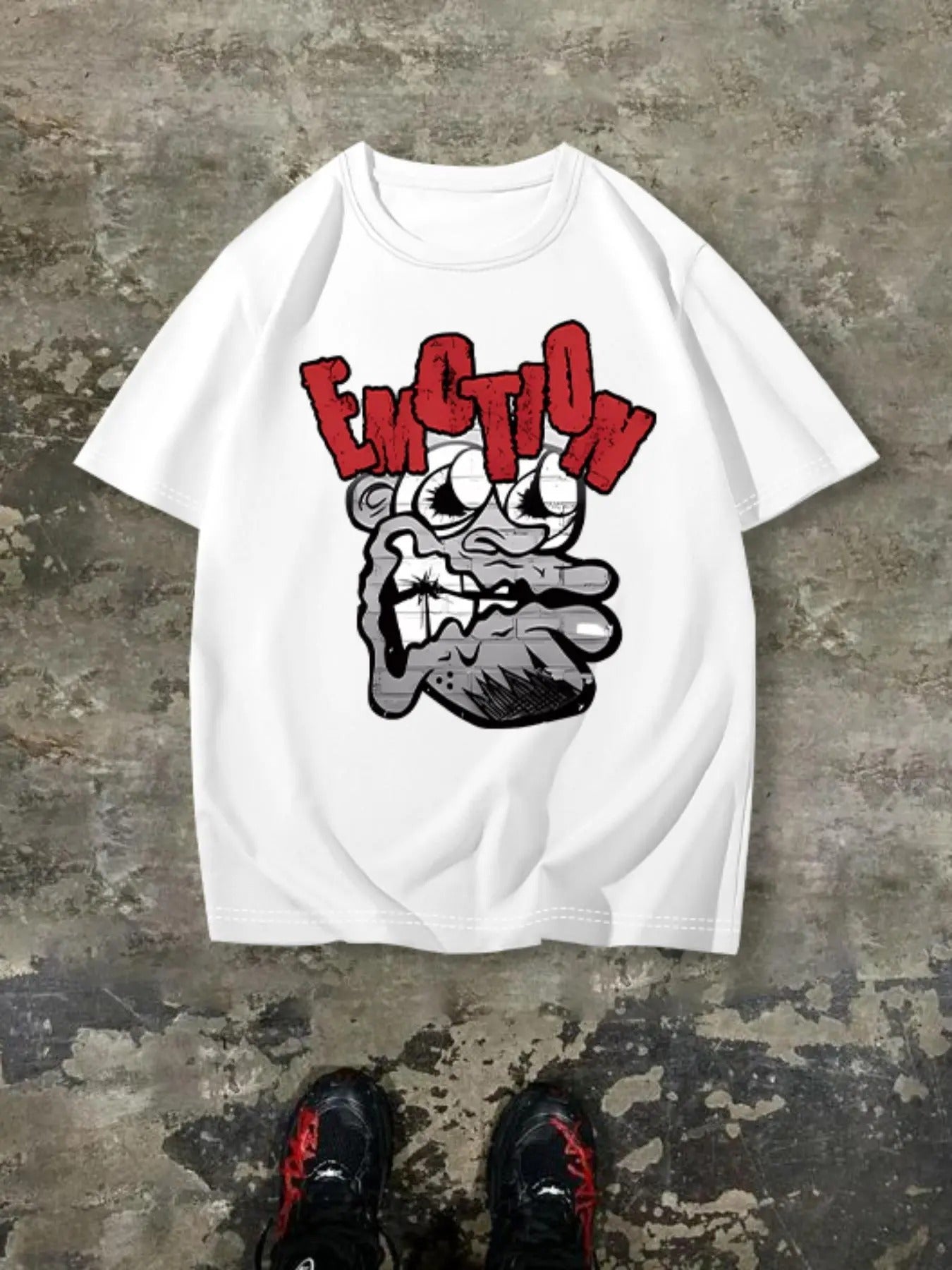 Cartoon Face & Letter Print Drop Shoulder Regular Fit Casual Comfy Round Neck Half Sleeve Summer Menswear Daily T-Shirts, Hoodie, Sweatshirt - T-Shirt, Sweatshirt, Hoodie