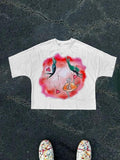 Cartoon Print Round Neck Regular Fit Casual Short Sleeve Summer Top Daily Cotton T-Shirts, Hoodie, Sweatshirt - T-Shirt, Sweatshirt, Hoodie