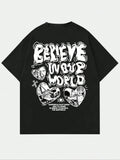 Cartoon Heart & Letter Print Round Neck Regular Fit Street Drop Shoulder Short Sleeve Daily Summer Clothes T-Shirts, Hoodie, Sweatshirt - T-Shirt, Sweatshirt, Hoodie
