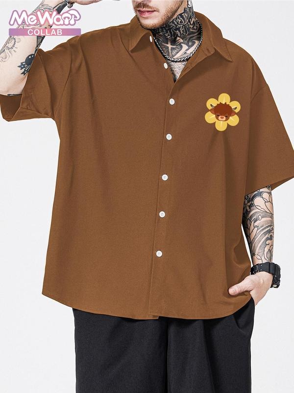 Cartoon Highland Cow & Floral Print Short Sleeve Shirt Regular Fit Casual Street Soft Comfy Top Summer Clothes Daily T-Shirts, Hoodie, Sweatshirt - T-Shirt, Sweatshirt, Hoodie