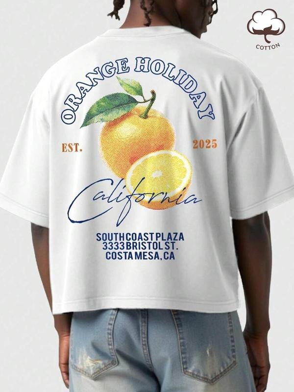 Cartoon Orange Print Round Neck Regular Fit Casual Short Sleeve Summer Top Daily Tropical Cotton T-Shirts, Hoodie, Sweatshirt - T-Shirt, Sweatshirt, Hoodie
