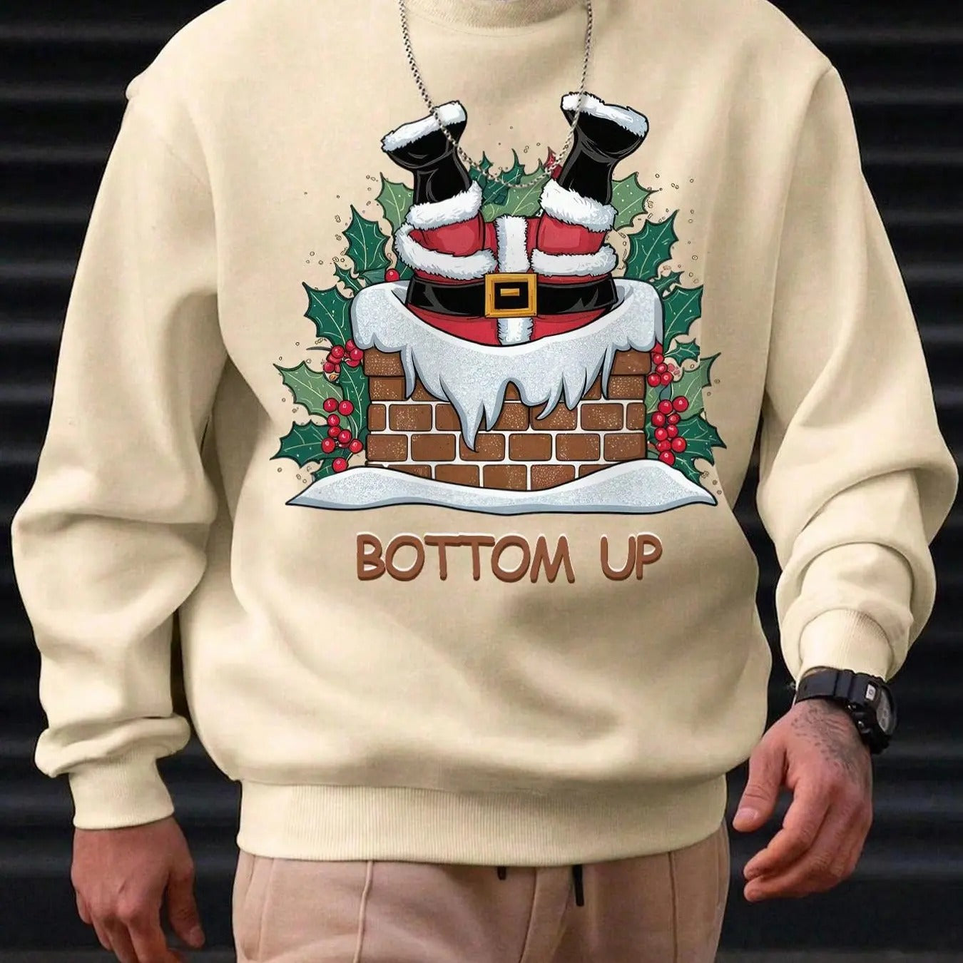 Cartoon Santa Claus & Letter Print Round Neck Regular Fit Casual Long Sleeve Crew Neck Fall & Winter Clothes Daily T-Shirts, Hoodie, Sweatshirt - T-Shirt, Sweatshirt, Hoodie