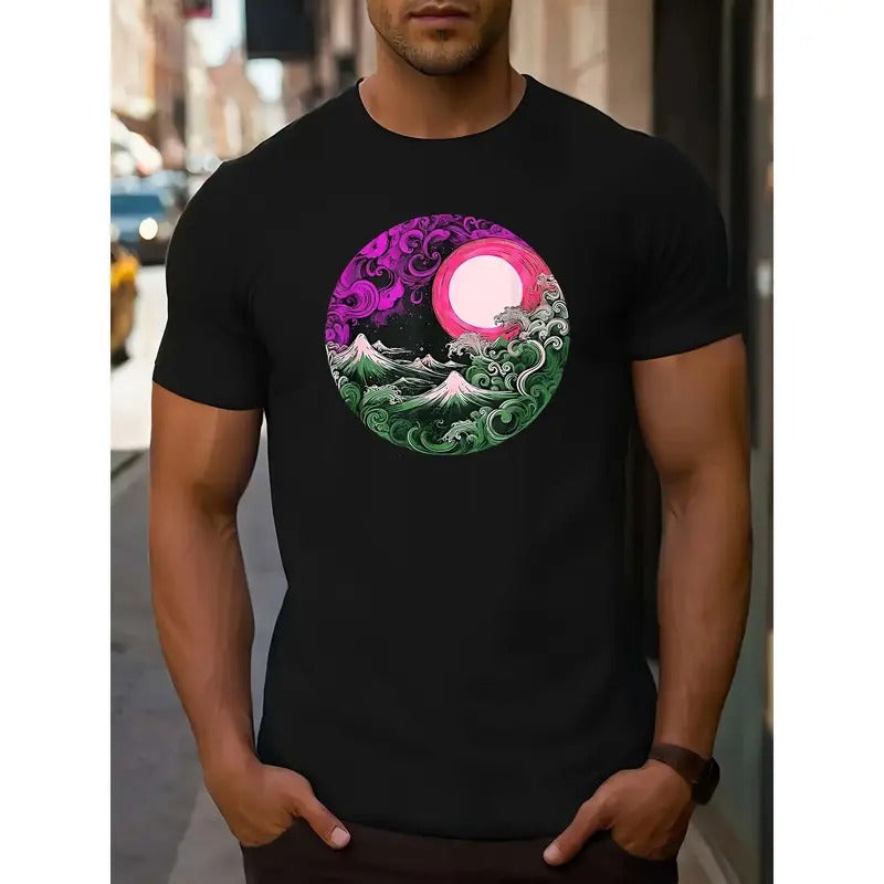 Casual Crew Neck Wave Sun Print Knit Fabric Regular Fit Slight Stretch Short Sleeve Tops MADE USA T-Shirts, Hoodie, Sweatshirt - T-Shirt, Sweatshirt, Hoodie