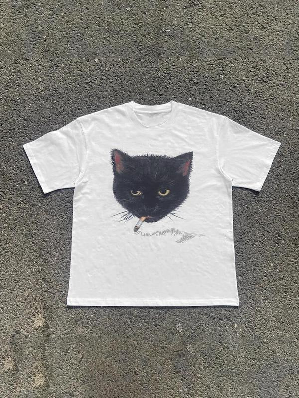 Cat Print Round Neck Regular Fit Casual Short Sleeve Crew Neck Daily Top Summer Tropical T-Shirts, Hoodie, Sweatshirt - T-Shirt, Sweatshirt, Hoodie