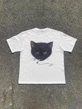 Cat Print Round Neck Regular Fit Casual Short Sleeve Crew Neck Daily Top Summer Tropical T-Shirts, Hoodie, Sweatshirt - T-Shirt, Sweatshirt, Hoodie