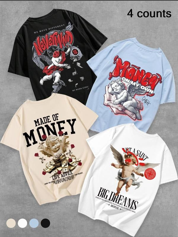 Cherub & Letter Print Short Sleeve Casual Round Neck Daily Top All Seasons T-Shirts, Hoodie, Sweatshirt - T-Shirt, Sweatshirt, Hoodie