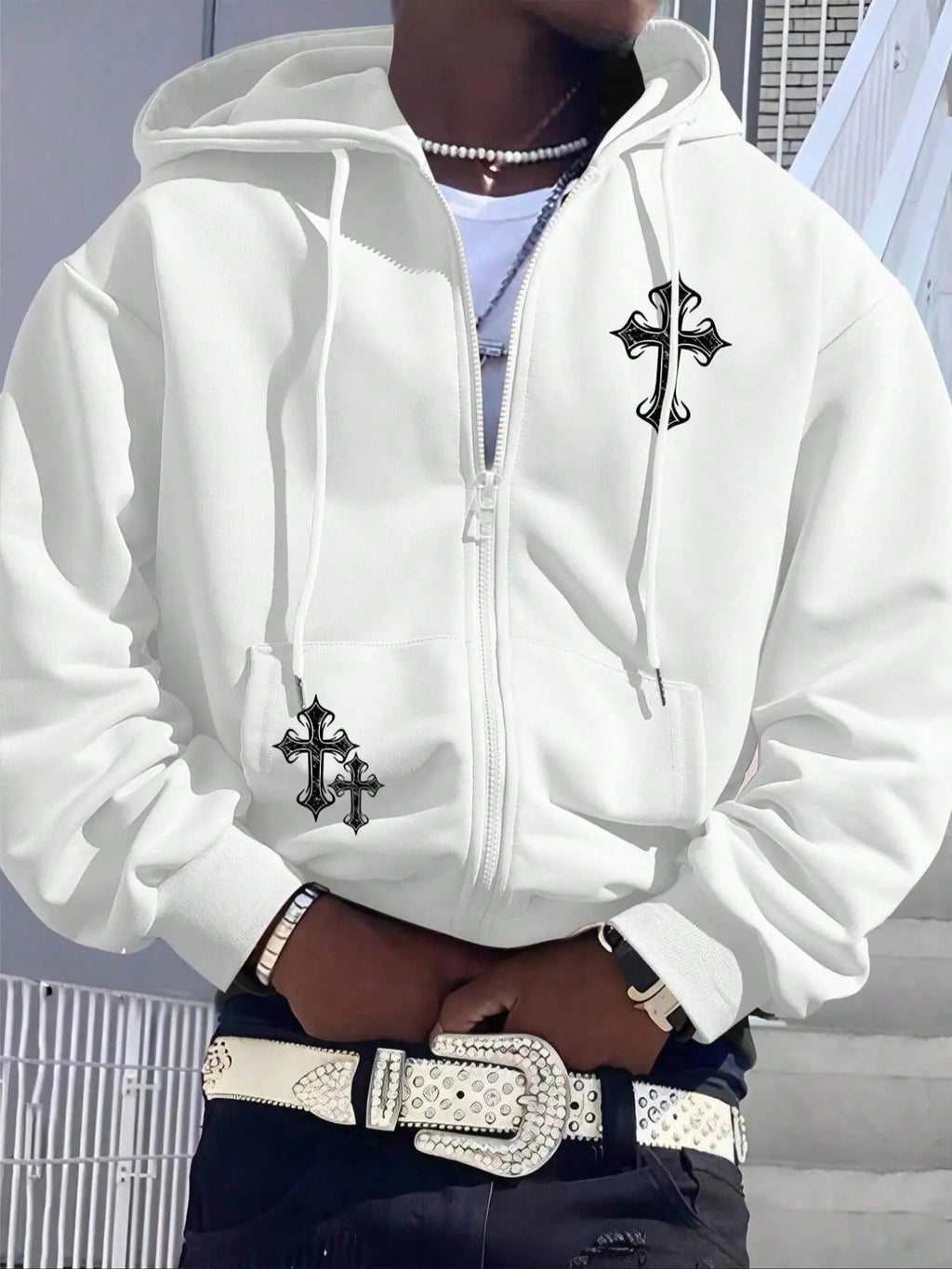 Cross Print Drop Shoulder Zip Up Casual Regular Fit Drawstring Pocket Hooded Daily Outdoor Clothes Spring & Fall T-Shirts, Hoodie, Sweatshirt - T-Shirt, Sweatshirt, Hoodie