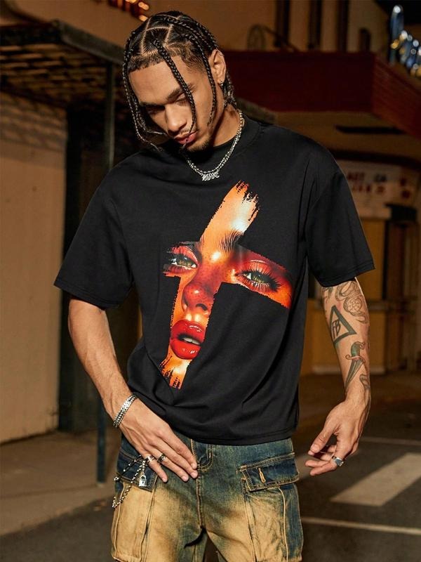 Face Print Short Sleeve Regular Fit Casual Comfy Round Neck Summer Top Daily Tropical T-Shirts, Hoodie, Sweatshirt - T-Shirt, Sweatshirt, Hoodie