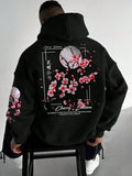 Floral Print Drop Shoulder Thermal Lined Casual Regular Fit Drawstring Pocket Hooded Daily Outdoor Clothes Fall & Winter T-Shirts, Hoodie, Sweatshirt - T-Shirt, Sweatshirt, Hoodie