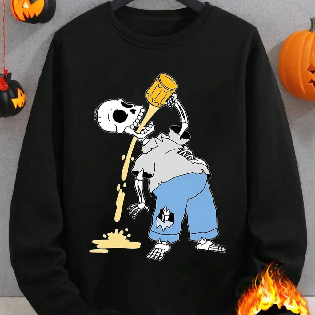 Halloween Skeleton Print Thermal Lined Regular Fit Casual Long Sleeve Round Neck Daily Top Fall & Winter T-Shirts, Hoodie, Sweatshirt - T-Shirt, Sweatshirt, Hoodie