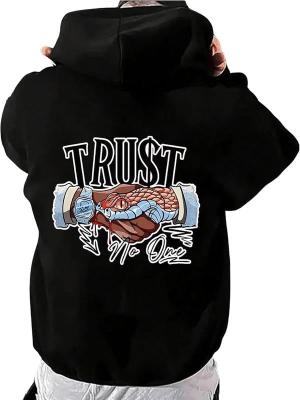 Hand & Letter Print Drop Shoulder Casual Regular Fit Drawstring Pocket Hooded Daily Outdoor Clothes Fall & Winter T-Shirts, Hoodie, Sweatshirt - T-Shirt, Sweatshirt, Hoodie