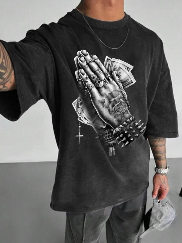 Hand Print Round Neck Casual Short Sleeve Summer Top Daily Cotton T-Shirts, Hoodie, Sweatshirt - T-Shirt, Sweatshirt, Hoodie