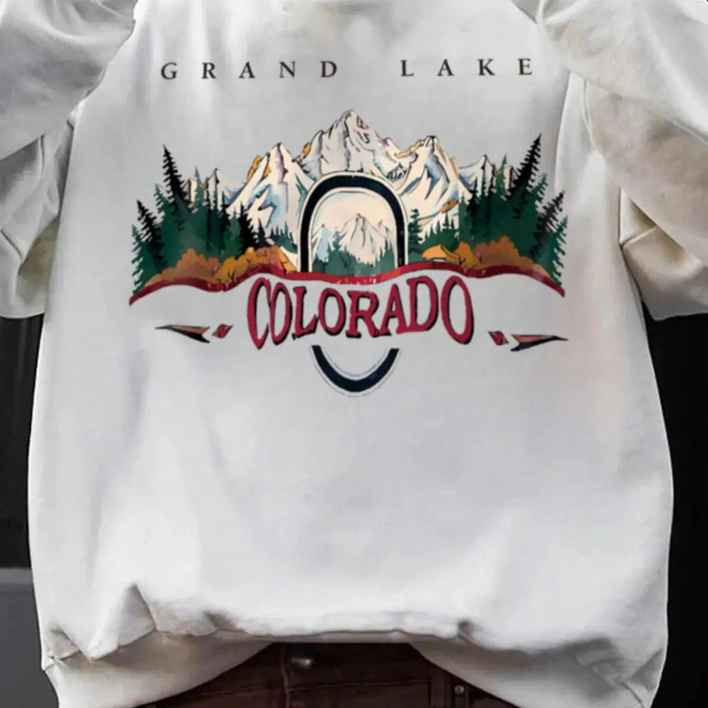 Landscape & Letter Print Drop Shoulder Regular Fit Casual Long Sleeve Round Neck Fall & Winter Clothes Daily T-Shirts, Hoodie, Sweatshirt - T-Shirt, Sweatshirt, Hoodie