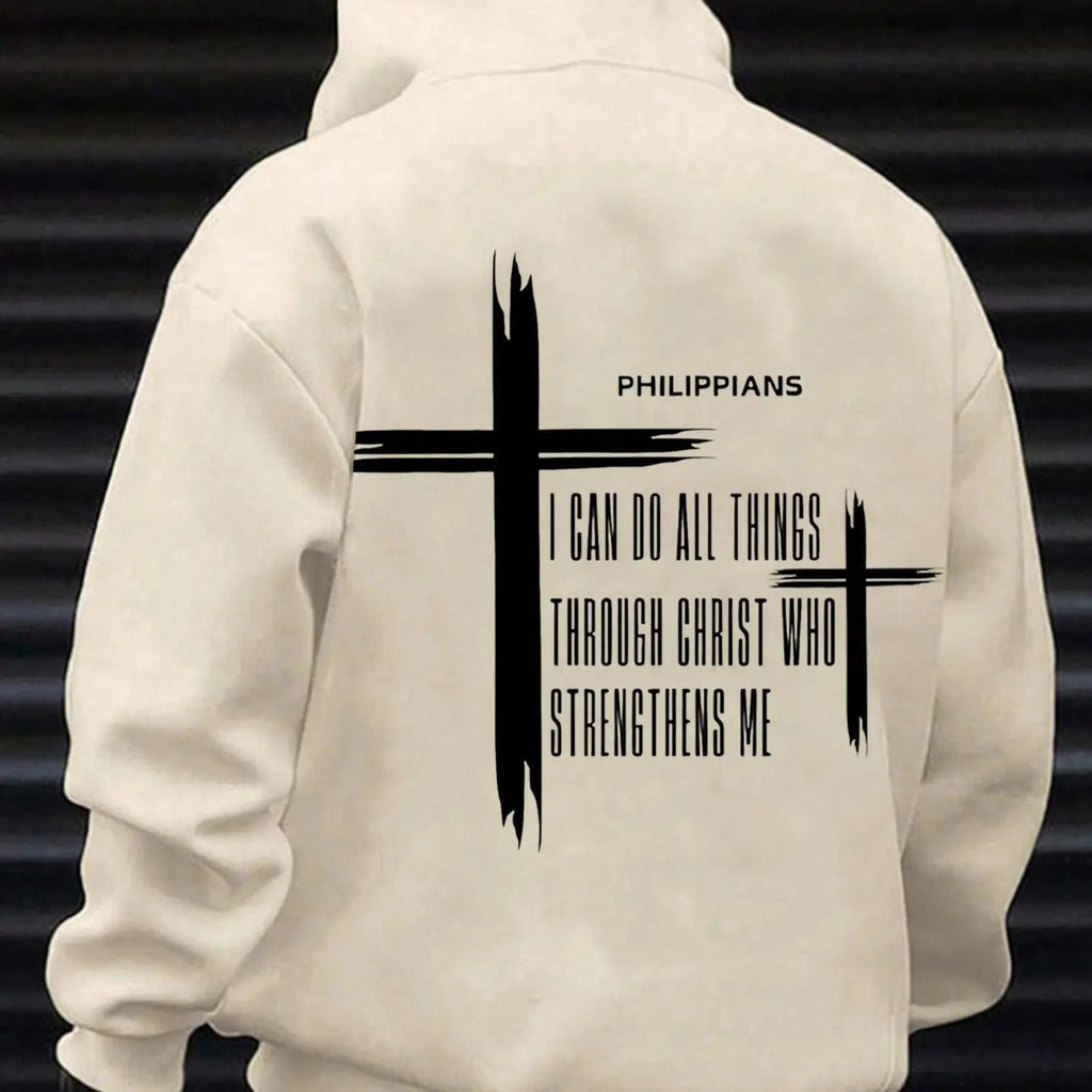 Letter & Cross Print Drop Shoulder Casual Regular Fit Drawstring Pocket Hooded Daily Outdoor Clothes Fall & Winter T-Shirts, Hoodie, Sweatshirt - T-Shirt, Sweatshirt, Hoodie