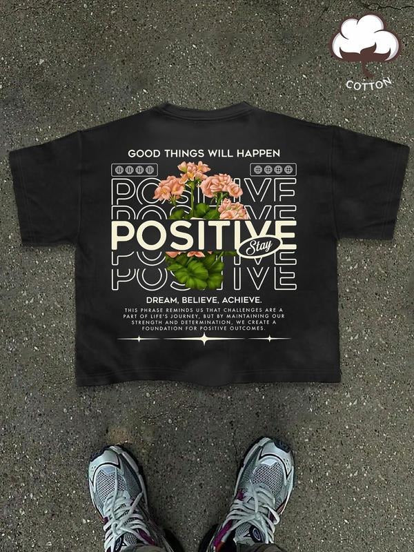 Letter & Floral Print Round Neck Regular Fit Casual Short Sleeve Summer Top Daily Tropical Cotton T-Shirts, Hoodie, Sweatshirt - T-Shirt, Sweatshirt, Hoodie