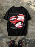 Letter & Lip Print Round Neck Regular Fit Casual Short Sleeve Crew Neck Summer Top Daily T-Shirts, Hoodie, Sweatshirt - T-Shirt, Sweatshirt, Hoodie